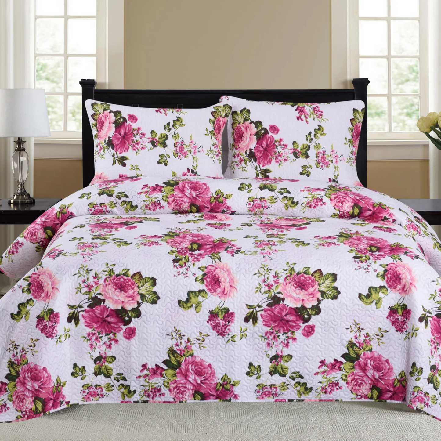 3 Piece Quilt Set pink Fuchsia Floral Flowers QUEEN New!