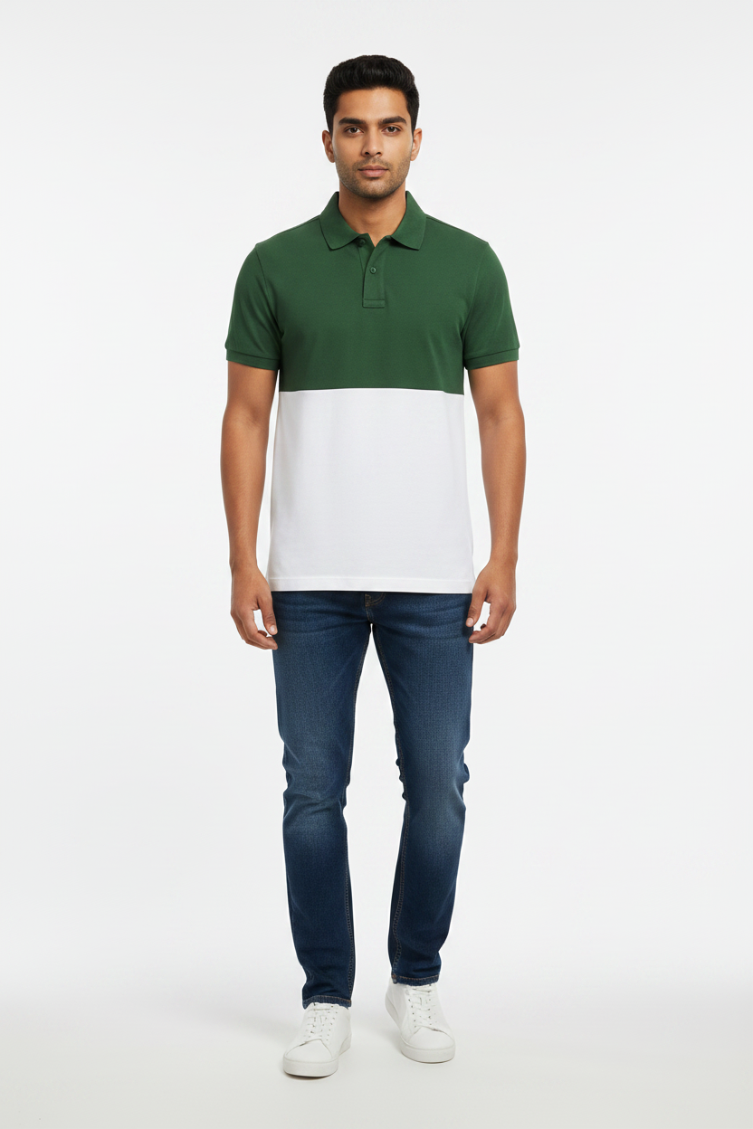 Mens button Tow Tone Color-Block Pique Polo Green White