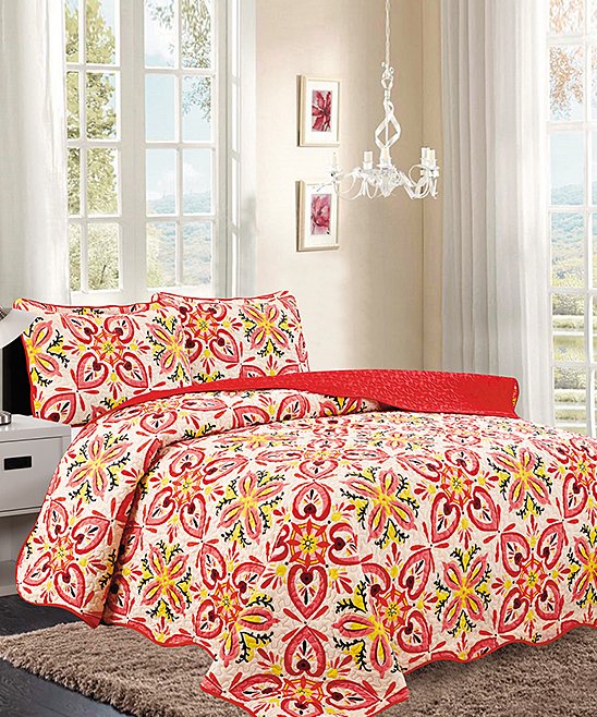 3 Piece Quilt Set Medallion Reversible Pattern Print Red  KING