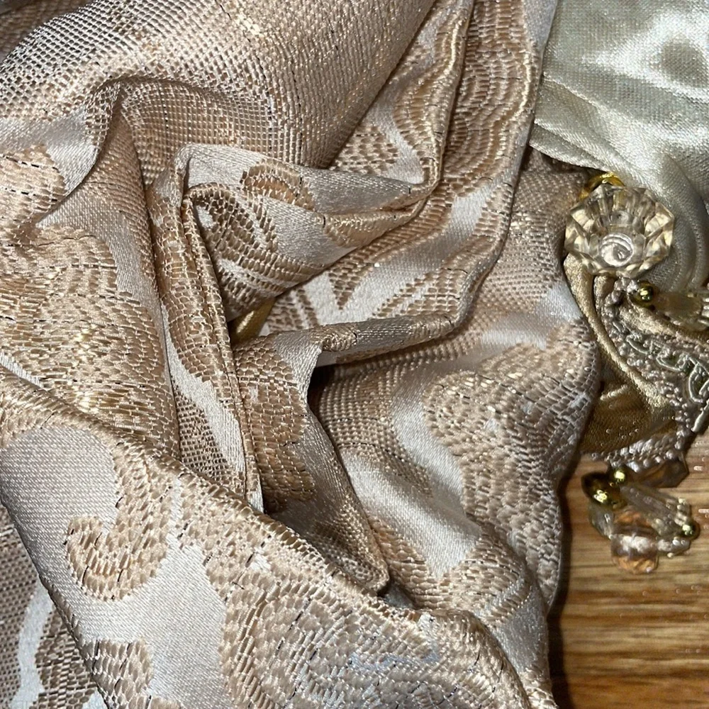 MARILYN BEIGE GOLD Jacquard  Pattern Panel Curtain w attached lace valance Beige