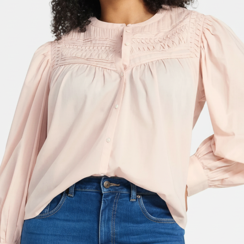 Women's PLUS SIZE Women’s Pleated Yoke PINK Long sleeve Top with