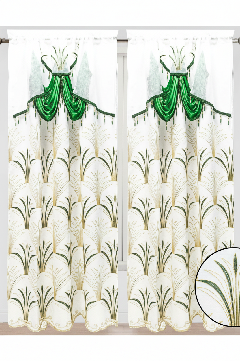 Christmas Holiday Red beaded Curtain with Beaded Valance White w Green & Gold