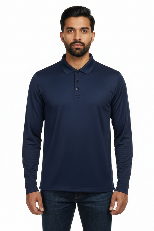 Men's Long Sleeve Polo Polyester Dress Shirt NAVY BLUE