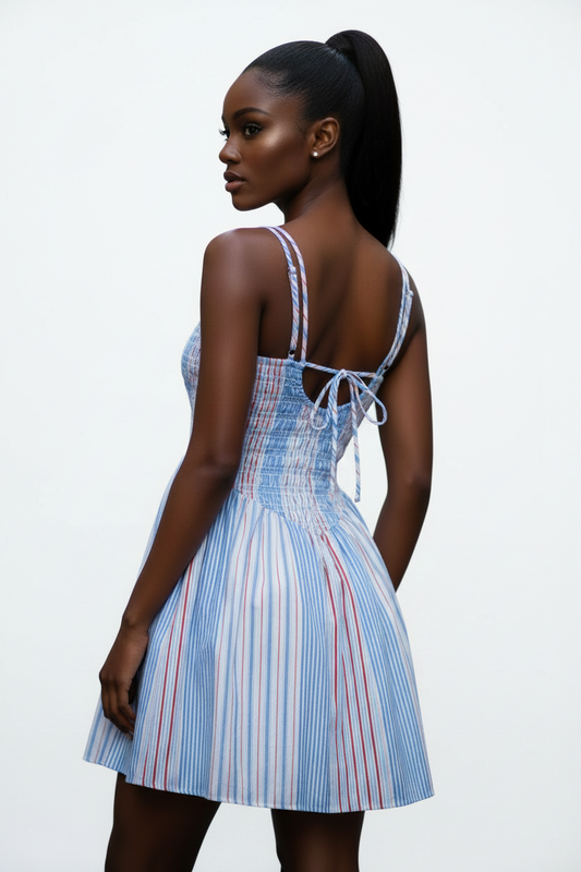 Women's Sleeveless Smocked Cotton Mini Dress with Open Tie Back