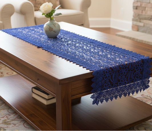 Embroidered floral design Table Runner Doilies  Royal BLUE