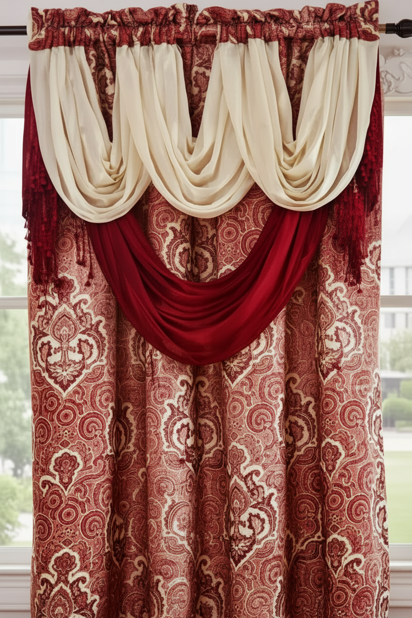 MARILYN BURGUNDY Jacquard  Pattern Panel Curtain w attached lace valance Burgundy