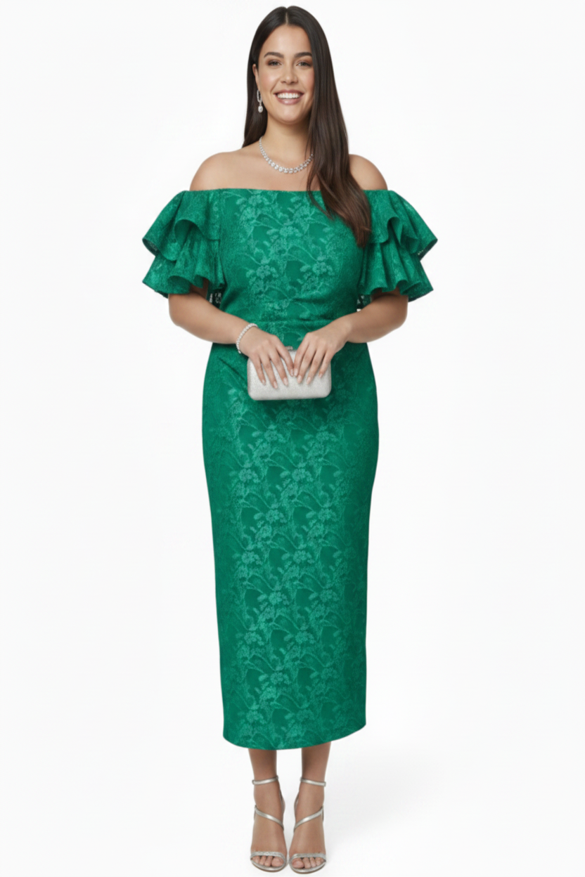 Eliza J Plus Size Off-The-Shoulder Short-Sleeve Gown Green Formal