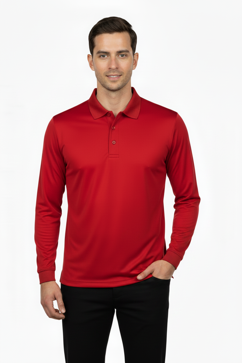Men's Long Sleeve Polo Polyester Dress Shirt Red