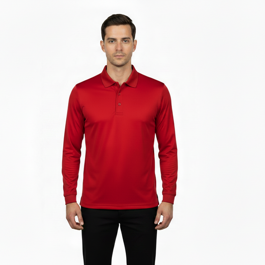 Men's Long Sleeve Polo Polyester Dress Shirt Red