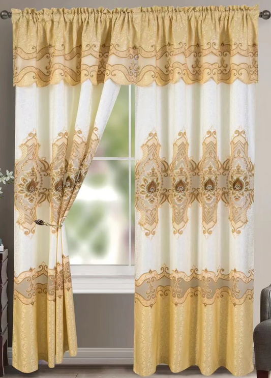 Macrame jacquard  Pattern Panel Curtain w attached lace valance Gold