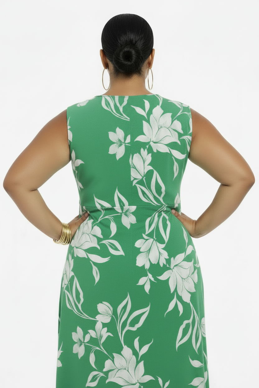 Women's PLUS SIZE Keyhole Midi Dress  Green Print