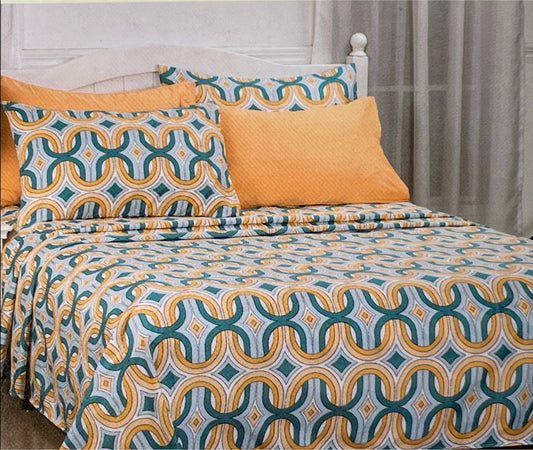 Luxury Organic  6 piece Print Sheet Set Soft 1800 Pumpkin Teal Stripe  FULL