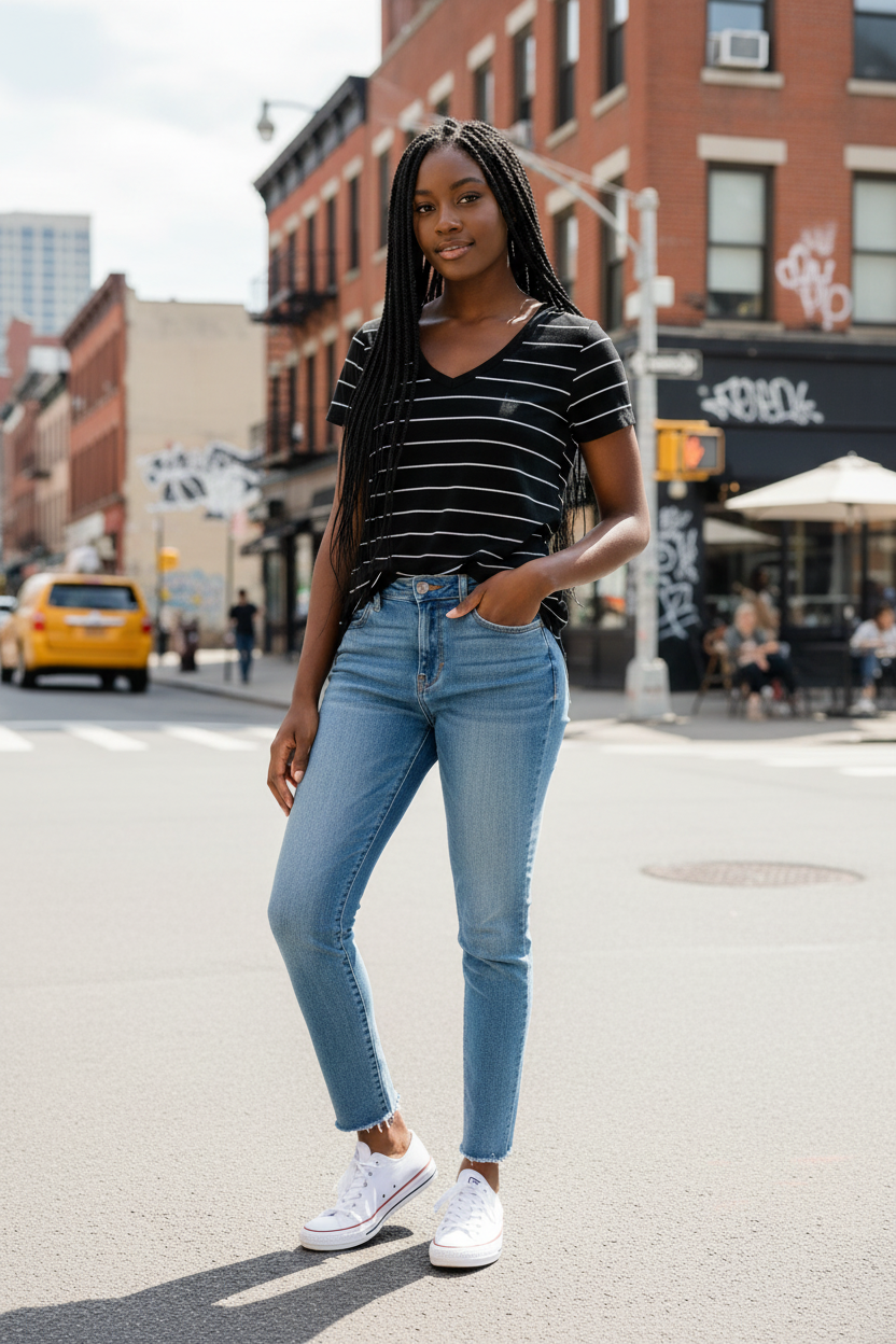Women's Crew Neck Short Sleeve T-Shirt Striped Black