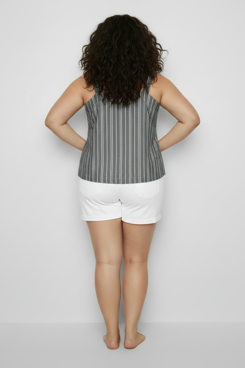 PLUS SIZE Women's Square Neck  Adjustable Strap Linen Tank Grey w Stripe