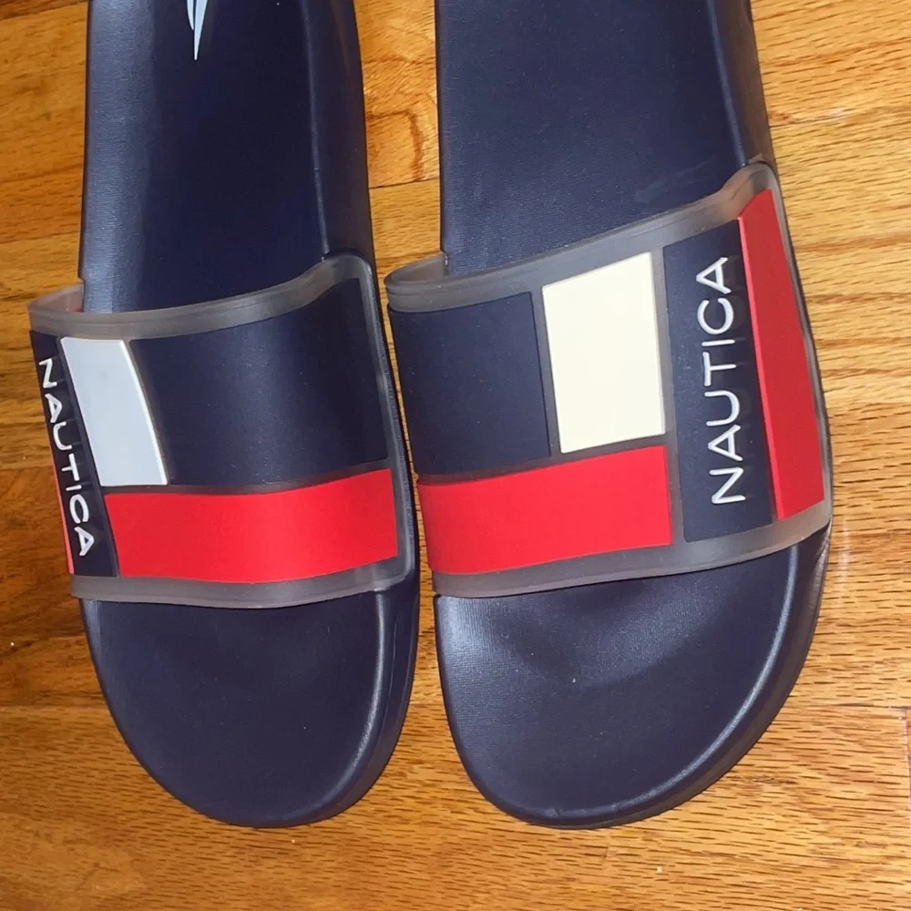 Men's Nautica Blue Clear  American Flag Print Logo Slide Slippers