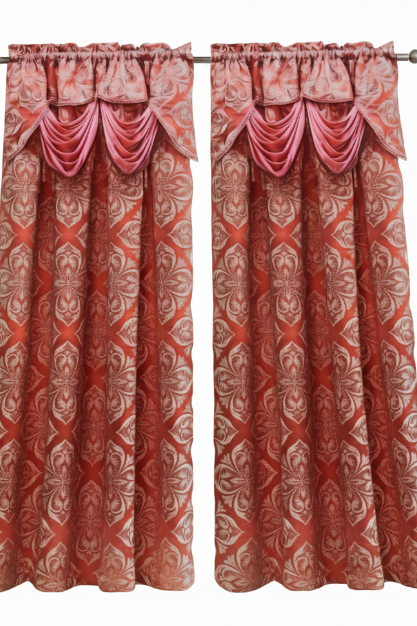 IRENE  BLUSH Jacquard  Pattern Panel Curtain w attached lace valance Coral BLUSH