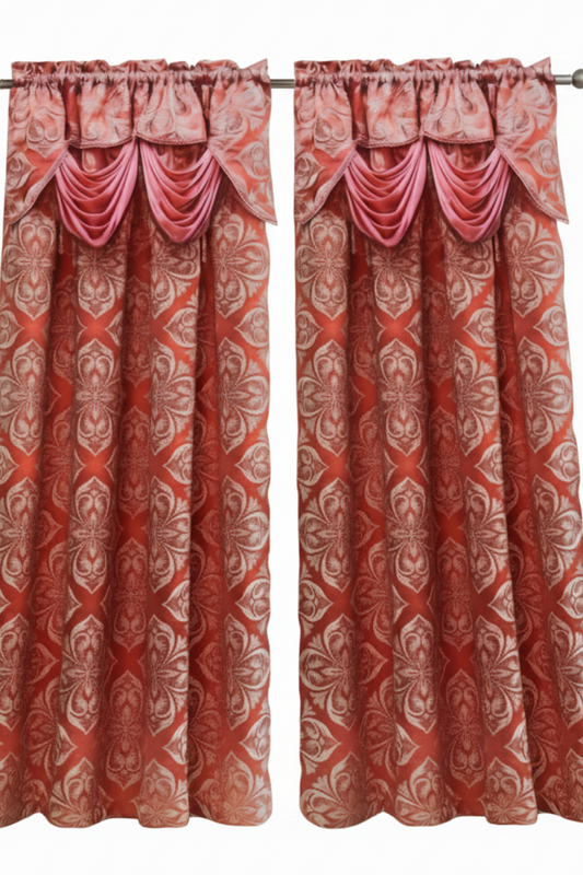 IRENE  BLUSH Jacquard  Pattern Panel Curtain w attached lace valance Coral BLUSH