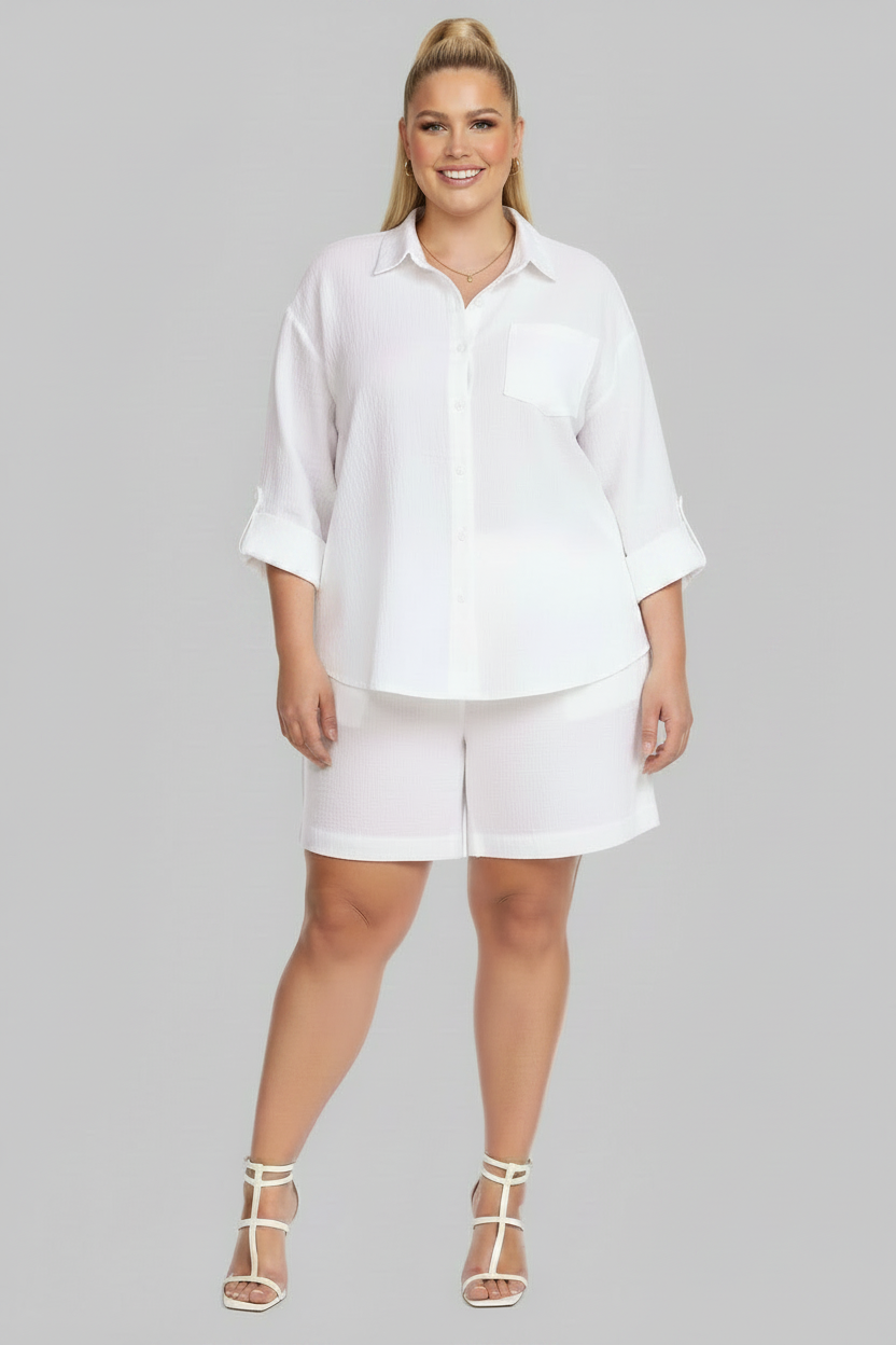 PLUS SIZE WOMEN'S 2 Piece Shirt w Shorts Outfit Set  WHITE