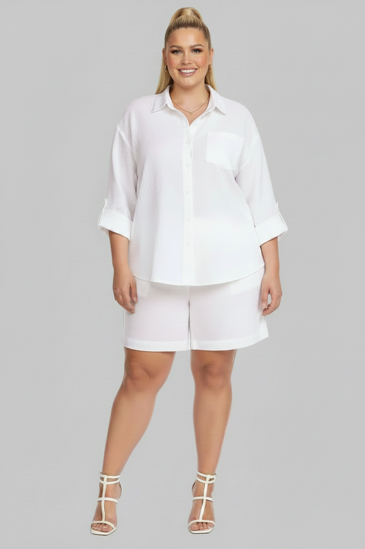 PLUS SIZE WOMEN'S 2 Piece Shirt w Shorts Outfit Set  WHITE
