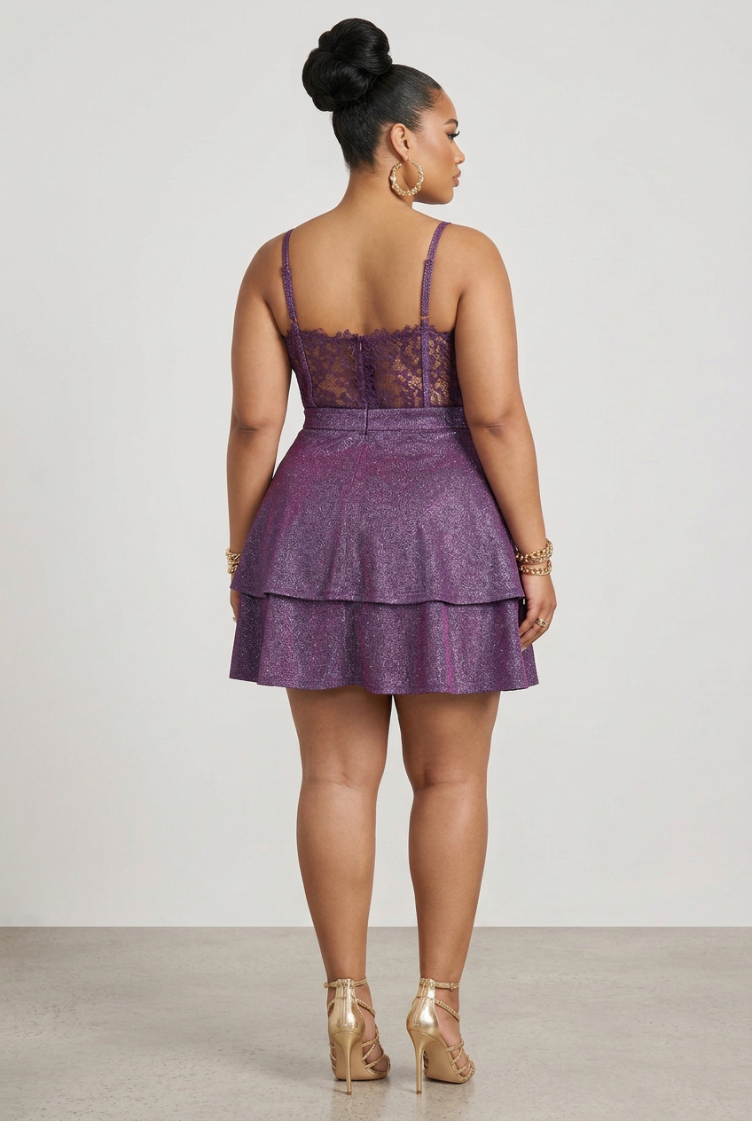 Women's PLUS Glittered Double Layered Fit n Flare Part Dress w Lace back Purple