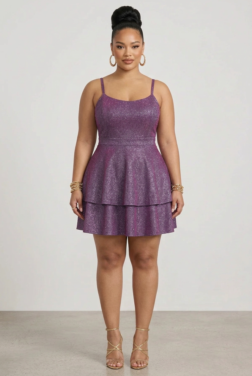Women's PLUS Glittered Double Layered Fit n Flare Part Dress w Lace back Purple