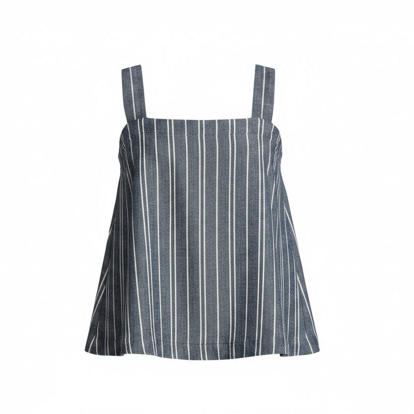 PLUS SIZE Women's Square Neck  Adjustable Strap Linen Tank Grey w Stripe