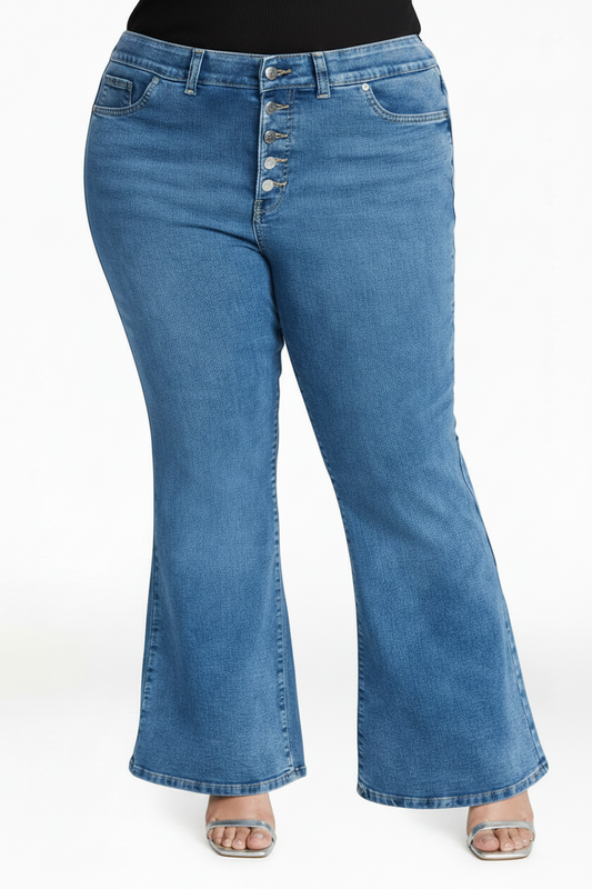 Womens PLUS Button up Corset Fitted Flare Denim Jeans Lucy Wash