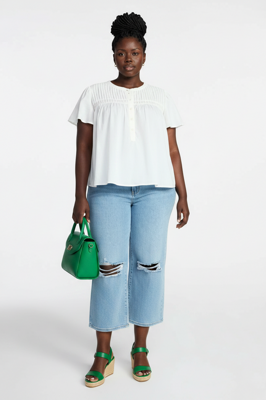 Women's PLUS  Women’s Pleated Yoke White Top with Short Flutter Sleeves