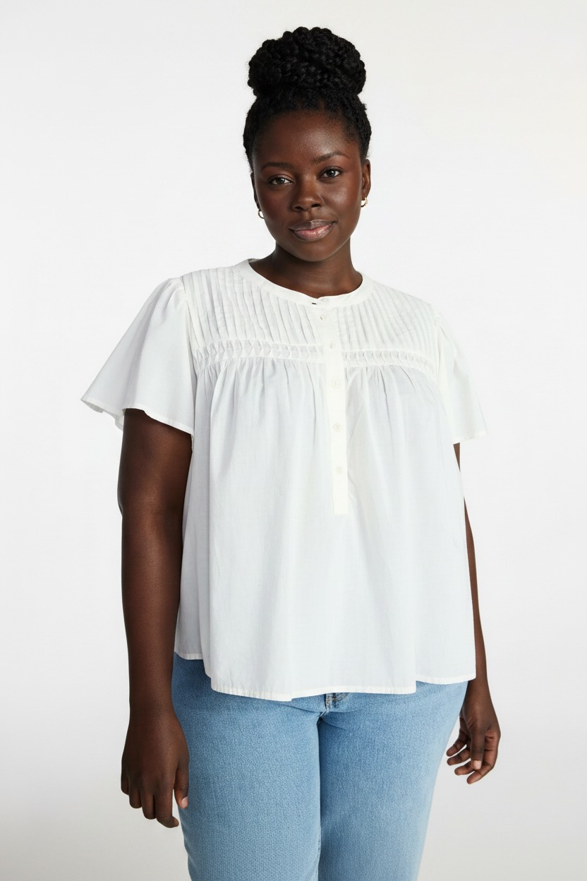 Women's PLUS  Women’s Pleated Yoke White Top with Short Flutter Sleeves
