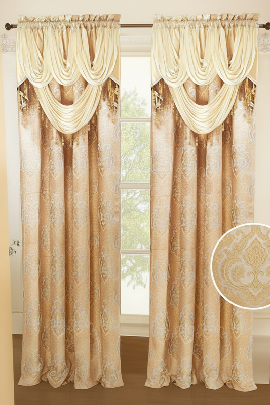 MARILYN BEIGE GOLD Jacquard  Pattern Panel Curtain w attached lace valance Beige