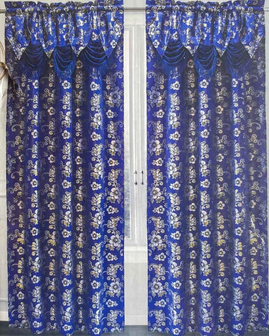 Jacquard Curtain Panel with attached Valance Tassel Royal Blue