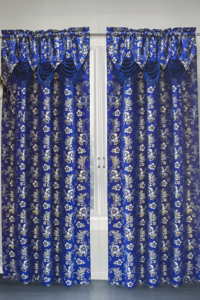BETHENNY ROYAL BLUE Jacquard  Curtain Panel with attached Valance Tassel
