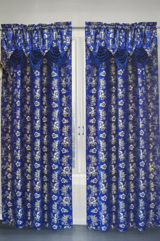BETHENNY ROYAL BLUE Jacquard  Curtain Panel with attached Valance Tassel