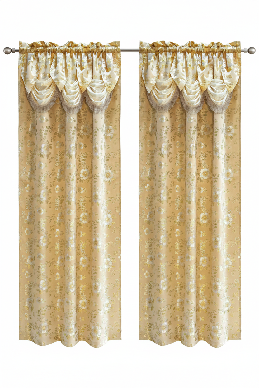 BEIGE BETHENNY Window Jacquard Curtain Panel with attached Tassel Valance Beige