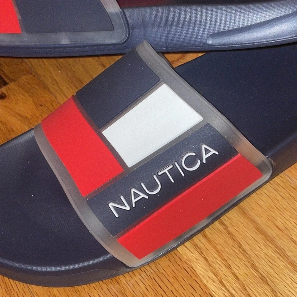 Men's Nautica Blue Clear  American Flag Print Logo Slide Slippers
