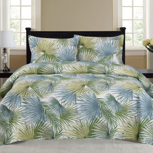 3 Piece Quilt Set Green Palm  Tree Print Leaf KING