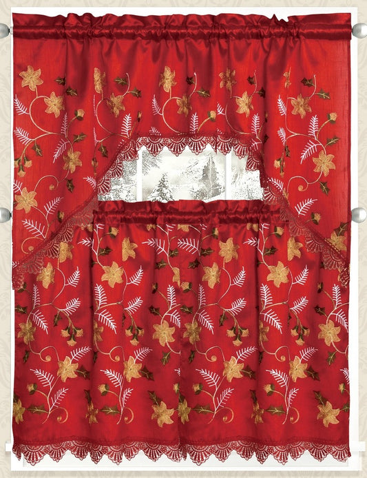 3 Piece embroidered Holiday Christmas kitchen curtain Red  flower