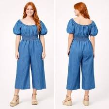 Women's PLUS Smoked Puff Sleeve Denim Look Jumpsuit