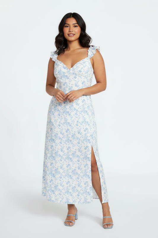 Women's PLUS Open Back  Flutter Sleeve Slit front Printed  smocked maxi dress