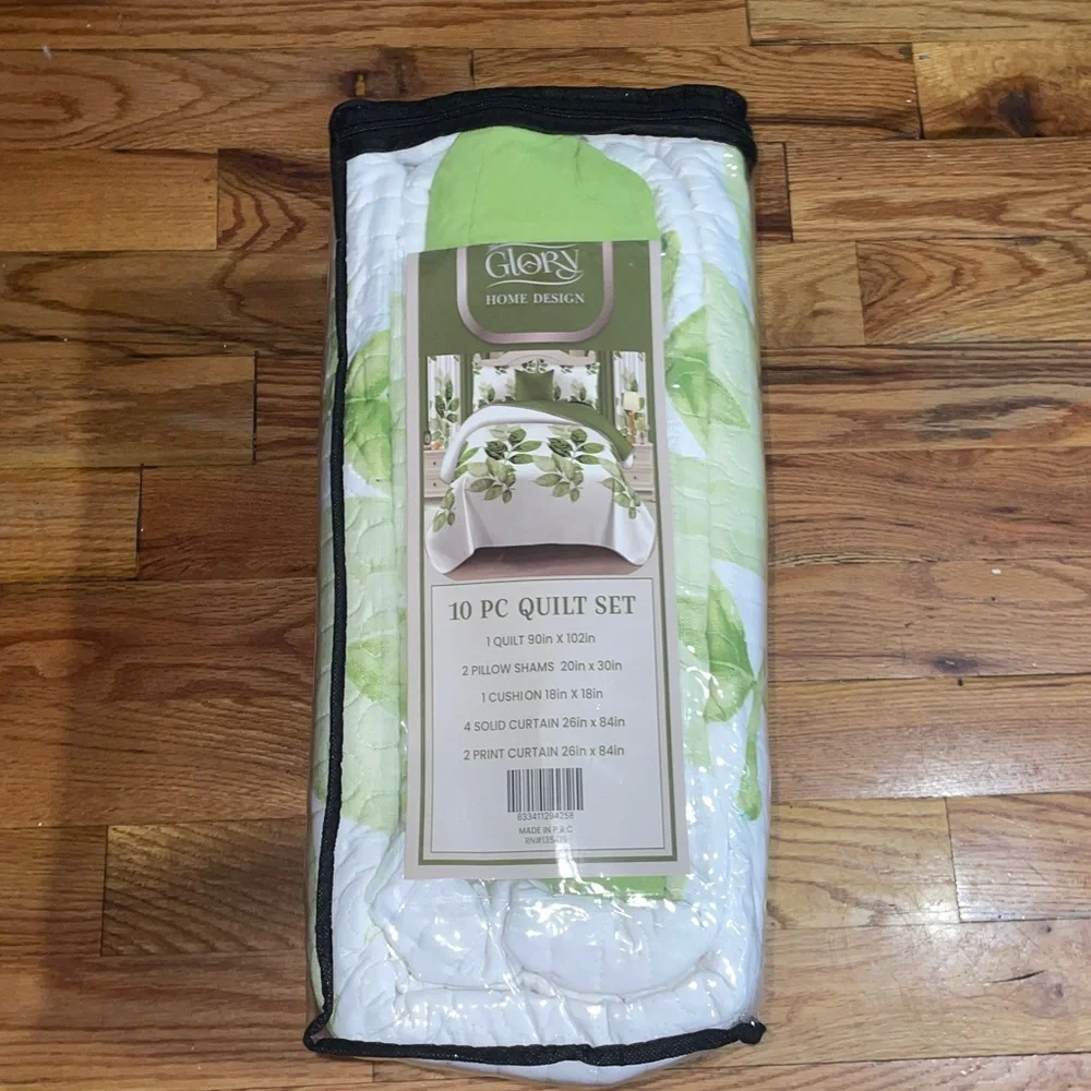 10 Piece LORDES Quilt w Sheet Set W Matching Curtains  KING GREEN