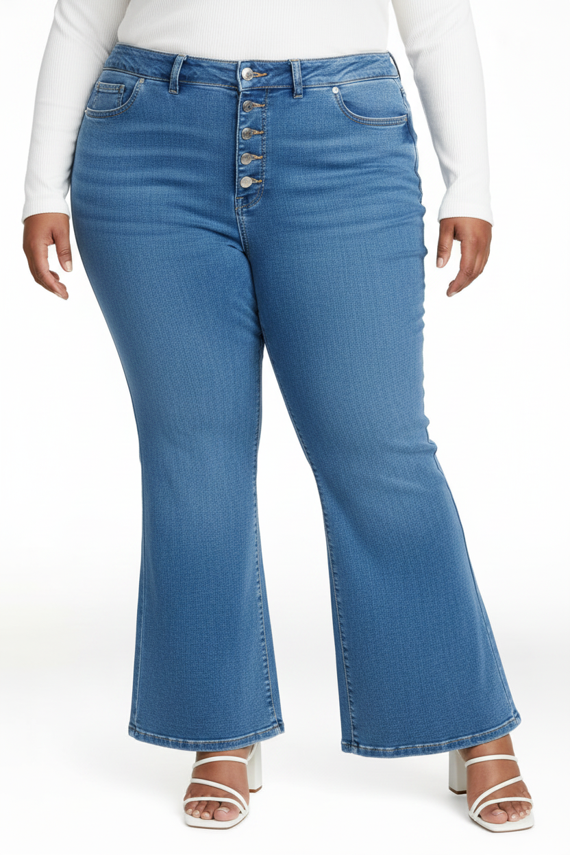 Womens PLUS Button up Corset Fitted Flare Denim Jeans Lucy Wash