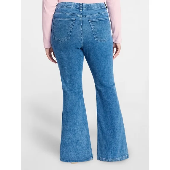 Womens PLUS Button up Corset Fitted Flare Denim Jeans Lucy Wash