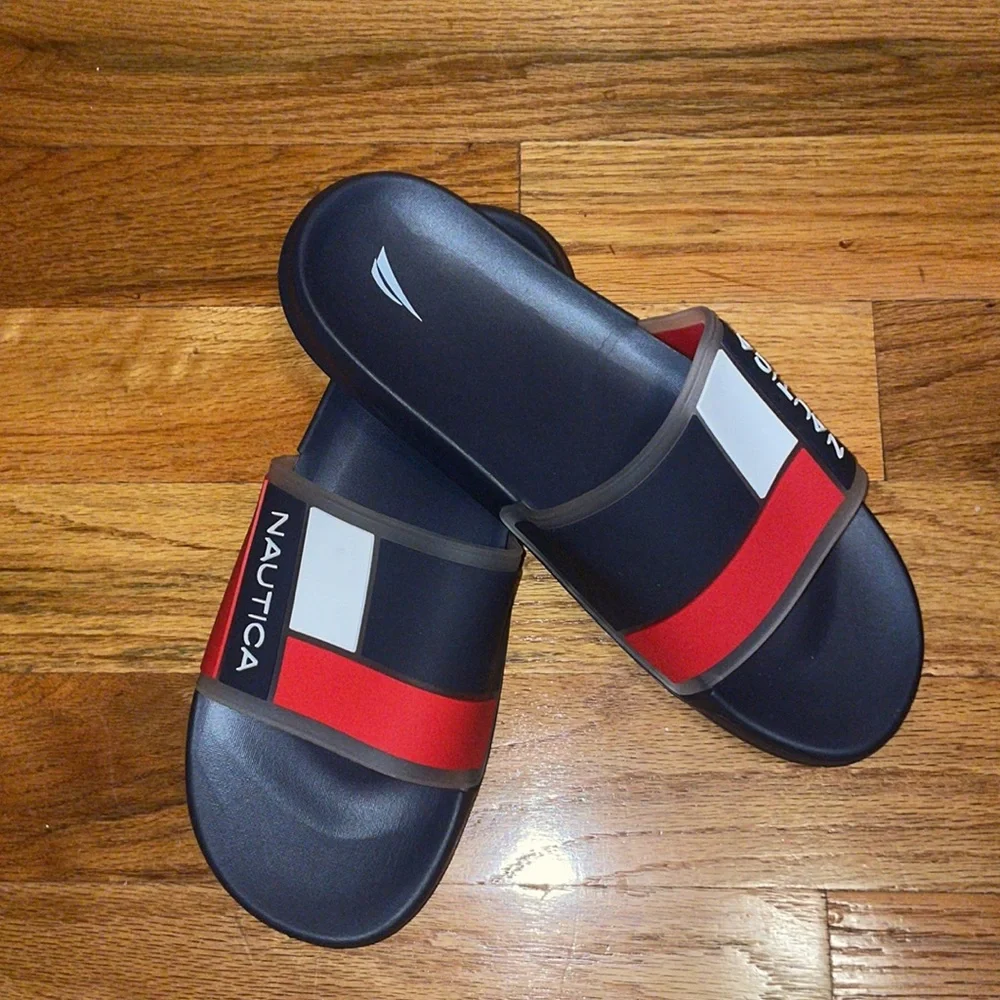 Men's Nautica Blue Clear  American Flag Print Logo Slide Slippers