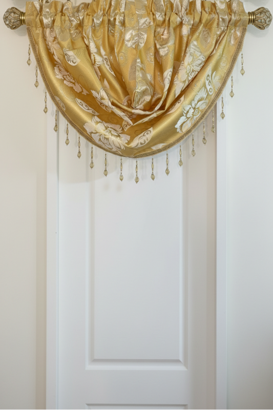 CASSIE - Golden Yellow Printed Floral Pattern Printed Floral  Waterfall Valance Beaded