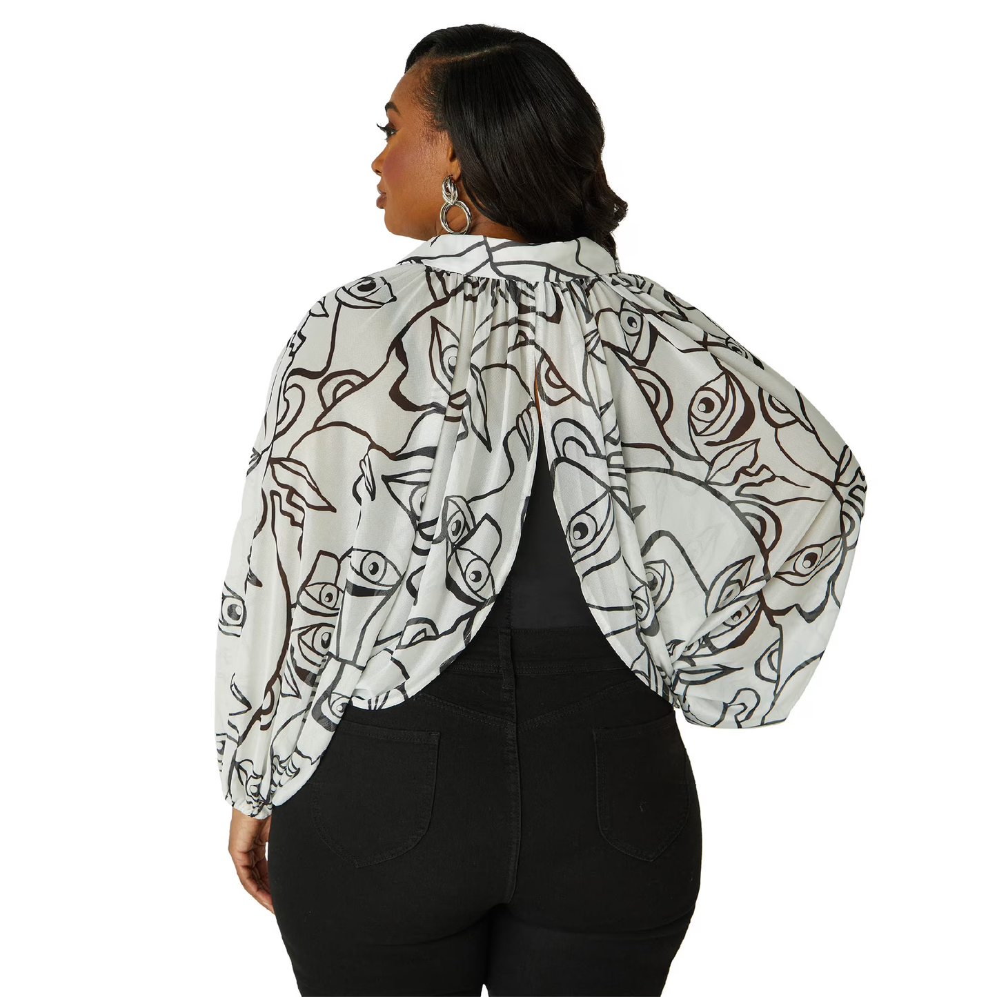 Women's PLUS SIZE Printed Collared Shrug Blouse Eye