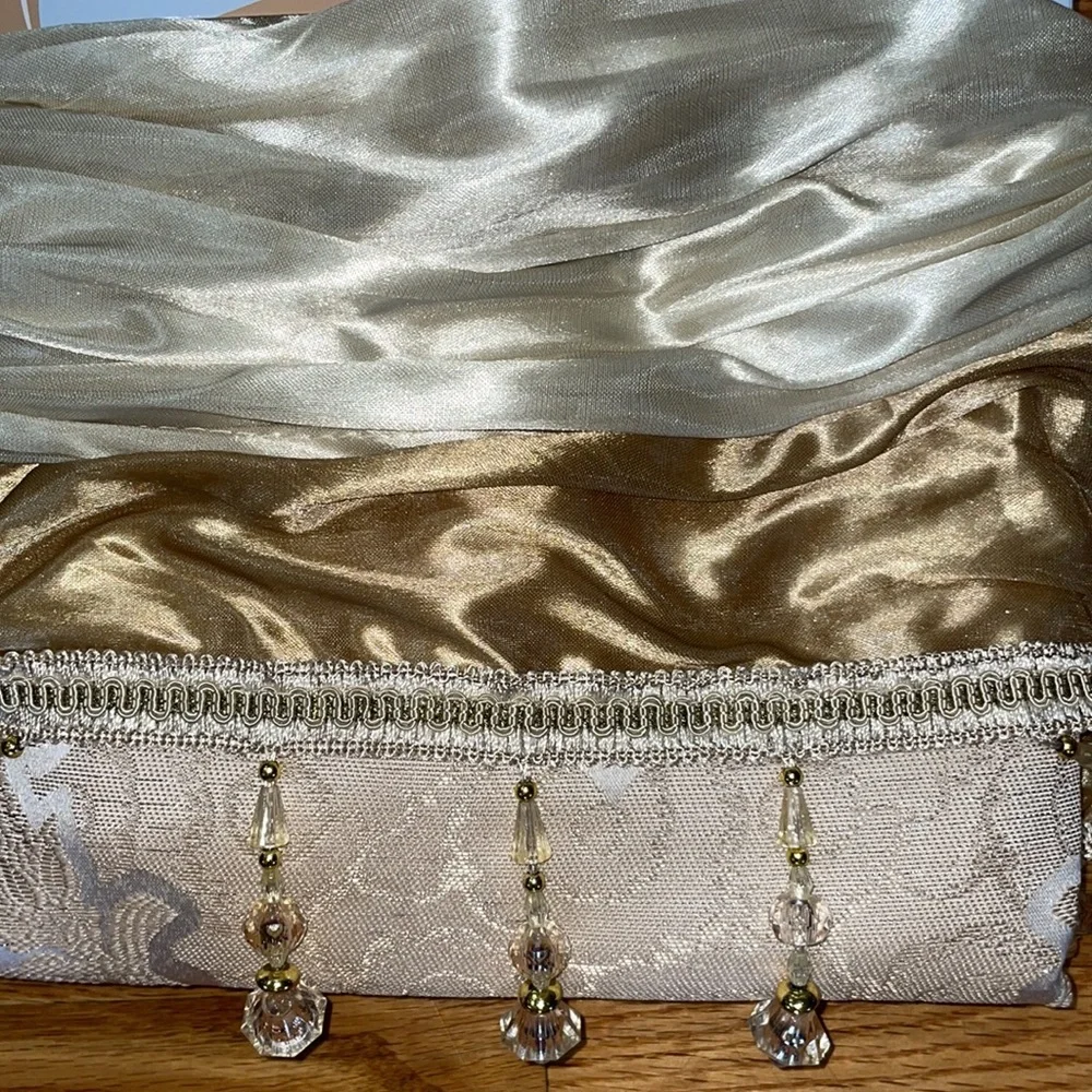 MARILYN BEIGE GOLD Jacquard  Pattern Panel Curtain w attached lace valance Beige