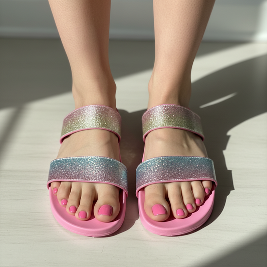 Women's Flat Buckle Open Slip on Sandal Slide Shoe Blue Nubuck.
