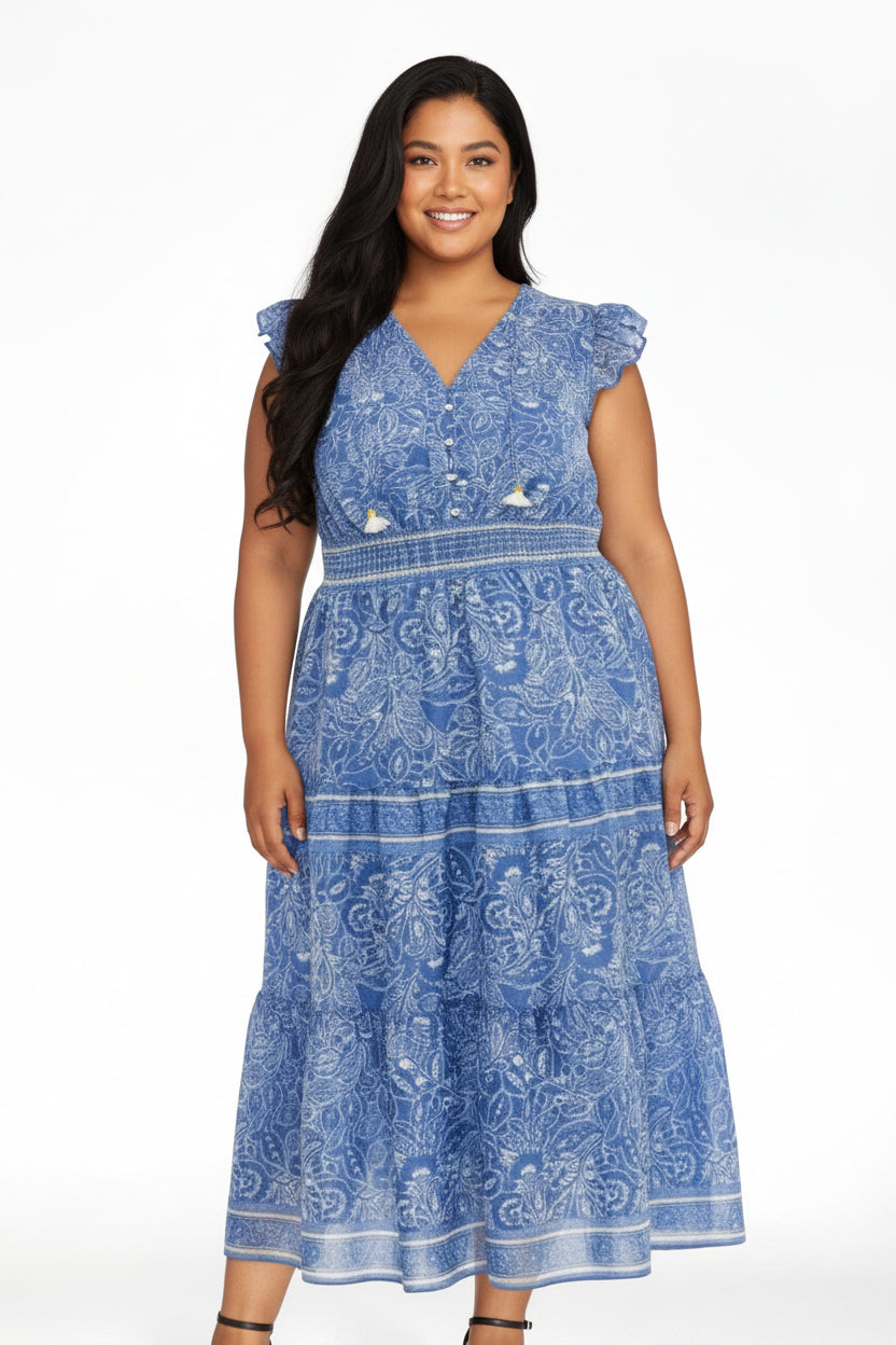 PLUS SIZE Nanette Lepore Women's Flutter Sleeve Tassel Midi Dress BLUE