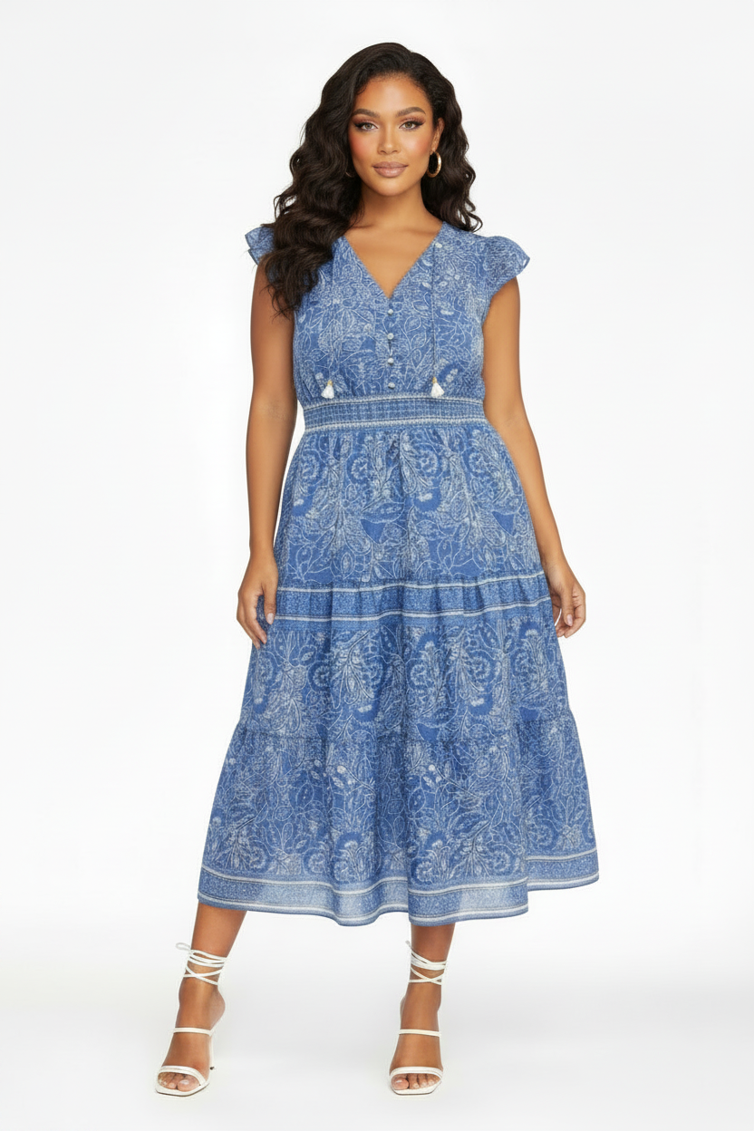 PLUS SIZE Nanette Lepore Women's Flutter Sleeve Tassel Midi Dress BLUE