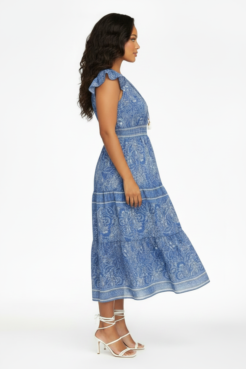 PLUS SIZE Nanette Lepore Women's Flutter Sleeve Tassel Midi Dress BLUE